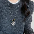 Vintage tiger eye stone and flower pendant sweater chain necklace for elegant autumn styling - Silver