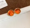 Vintage amber resin stud earrings with gold-plated frame in warm Meillard style - Amber Leopard Round Framed Style (64#)