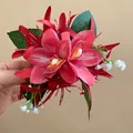 Detailed close-up showing the pink fabric orchid hair clip with green leaf accents - Red Orchid Shape / Red