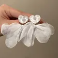 Detailed macro view of white heart stud earrings with elegant organza flower petal drops - Heart Mesh Flower Style (19#) / White
