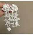 Close-up of white floral drop earrings with beaded tassels and petal accents - Silver Earring Post White Flower Tassel Style (28#) / White