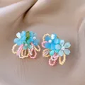 Close-up of colorful dopamine-style flower earrings with delicate seed bead loops - Silver Earring Post Flower and Leaf (47#) / Blue