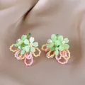 Close-up of colorful dopamine-style flower earrings with delicate bead loops - Silver Earring Post Flower and Leaf (48#) / Green
