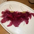 Elegant burgundy feather tassel earrings with gold semicircular accents on a speckled plate - Feather Tassel Ear Hook / Red