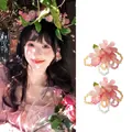 Colorful handmade beaded floral drop earrings with s925 silver needle for summer vacation - Flower Leaf (HE25056) / Pink (34#)