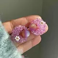 Exquisite handmade pink flower beaded stud earrings with purple gradient center bead - Pink Transparent Flower Moon (HE19018) / Pink