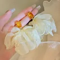 Stylish large cream organza flower drop earrings with amber gemstone studs for women - Square Zirconia Organza Flower (HE25056) / White