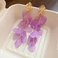 Detailed view of vintage style purple frosted petal tassel drop earrings with gold leaf accents - Purple Frosted Petal Tassel