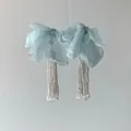 Elegant light blue organza bow earrings with long white beaded tassels for women - Bowknot Glass Bead Tassel Style (23#) / Blue