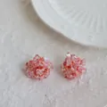 Elegant handmade pink beaded flower stud earrings with silver needles for a niche look. - Silver Earring Post Glass Bead Flower Cluster (40#) / Pink