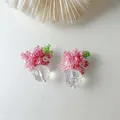 Handmade colorful pink flower bead earrings with silver needle and clear crystal drop - Silver Earring Post Crystal Flower Cluster (44#) / Pink