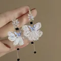 Elegant silver needle butterfly earrings with white woven flowers and black bead dangles - Woven Lace Butterfly Tassel Style (9#) / Gold