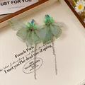 Elegant green butterfly wing earrings with light green flowers and long tassels - Tulle Butterfly Tassel Style (17#) / Green