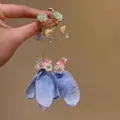 Vibrant dopamine style floral dangle earrings featuring blue fabric petals and silver pins - Fabric Petal Long Drop Style (8#) / Blue