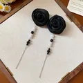 Elegant black fabric rose earrings with pearl and chain tassels and silver needles - Fabric Rose Pearl Tassel Style (41#) / Black