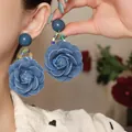 Handmade blue denim rose flower earrings with colorful beads for a stylish holiday look - Denim Fabric Rose Style / Blue (49#)