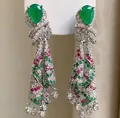 Vintage style drop earrings with green pear stones and colorful pavé tassels - Colorful Rhinestone Long Tassel