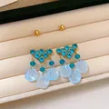Elegant bohemian style light blue petal drop earrings with sparkling blue rhinestones - Rhinestone Petal Tassel Style / Aqua Blue (30#)
