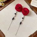 Elegant red fabric rose drop earrings with black and white beads and long chain. - Fabric Rose Tassel (40#) / Red