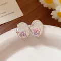 Iridescent rose flower stud earrings with gradient purple petals and silver-tone rim - Rose Crushed Ice Texture Stud (62#) / White