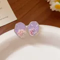Elegant silver needle earrings with purple faceted base and pink rose flower - 3D Rose Crushed Ice Texture Stud (64#) / Blue