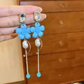 Elegant silver needle drop earrings featuring blue flowers and pearls in dopamine style - Pearl Tassel Flower Style (37#) - Silver Earring Post / Blue