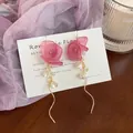Elegant pink fabric flower dangle earrings with long gold wavy tassels - Lily of the Valley Tassel Flower Style (10#) - Earring Hook / Pink