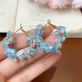 Handheld colorful dopamine hoop earrings featuring blue crystal chips and pearls - Bohemian Stone Chip Ring Style (27#) - Silver Earring Post / Blue