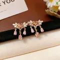 Elegant gold floral earrings with pink dangling crystals and silver needles - Purple Floral Pink Crystal Style (42#) - Silver Earring Post / Pink