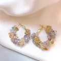 Handmade colorful crushed natural stone hoop earrings with gold-tone wire wrap detail - Handmade Wire Wrapped Stone Style (26#) - Silver Earring Post / Purple