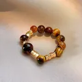 Elegant 18k gold plated tiger eye beaded ring featuring a warm and sophisticated Maillard style - 18# Ring-Gold-Brown-Multi Beads