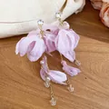 Elegant pink fabric flower earrings with pearls and crystal tassels for summer vacation - Silver Needle Gold Style / Light Purple