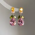 Elegant colorful gemstone flower drop earrings with pink and yellow crystals - Multicolor Gemstone Floral Drop Earrings (4#) / Multicolor (Gold-Pink-Yellow-Green) (4#)