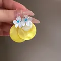 Dopamine style white flower earrings with pearlescent yellow discs and silver needles - White Flower with Yellow Disk Pendant Style (19#) / Silver-Yellow-White Blue (19#)