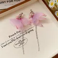 Elegant pink gradient flower petal tassel earrings featuring long silver chains for women - Pink-Purple Gradient 3D Flower Tassel Style (16#) / Pink Ear Clip Style (16#)