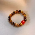 Luxury tiger eye bead ring with red accent bead and 18k gold-plated spacer bead - 22# Ring-Brown-Beaded Hollow Bead