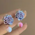 Elegant blue gradient rose stud earrings with colorful marbled bead charms in light luxury style - Rose Bead Tassel (51#) / Blue-Pink