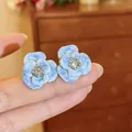 Exquisite blue enamel flower stud earrings with silver needles and a central rhinestone - Teardrop Flower (58#) / Blue