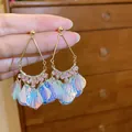 Iridescent petal dangle earrings with pink rhinestones and gold-tone teardrop frame - V-Shape Flower (29#) / Gold-Pink-Iridescent