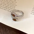 Elegante anello regolabile placcato oro 18 carati con due pietre occhio di tigre marroni ovali - Stile 26 / Silver, Coffee