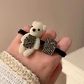 Black elastic hair tie with cute plush teddy bear and square rhinestone detail - White Bear Rhinestone Style