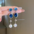Elegant vintage drop earrings featuring blue gemstones and pearls for a luxury look - 52# Silver Earring Post Earrings