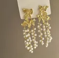 Vintage gold leaf drop earrings featuring elegant long white pearl tassels for women's fashion - Gold-White Pearl Tassel (18#)