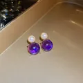 Elegant purple round stone stud earrings with pearl top in gold finish - 54# Silver Earring Post Studs