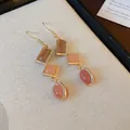 Vintage geometric drop earrings with rhinestones and pink resin stones in gold finish - 55# Earhook Earrings