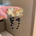 Elegant gold metal flower tassel earrings with black beads for a retro chic look - Gold Black Petal Grape Tassel (28# Silver Needle)
