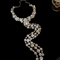 Dettaglio ravvicinato di strass tondi su una collana con nappe a cascata stile vintage - Stile Lungo / Argento