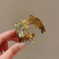 Vintage gold textured floral open cuff bracelet with layered petal design - Floral Open Cuff Bracelet (HE17443-HB1860) / Adjustable Open / Antique Gold