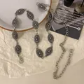 Silver bohemian ethnic style metal waist chain belt with oval embossed links and clasp - Style 12