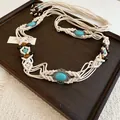 Bohemian woven waist belt featuring ethnic wood beads and turquoise stone accents. - Style 6